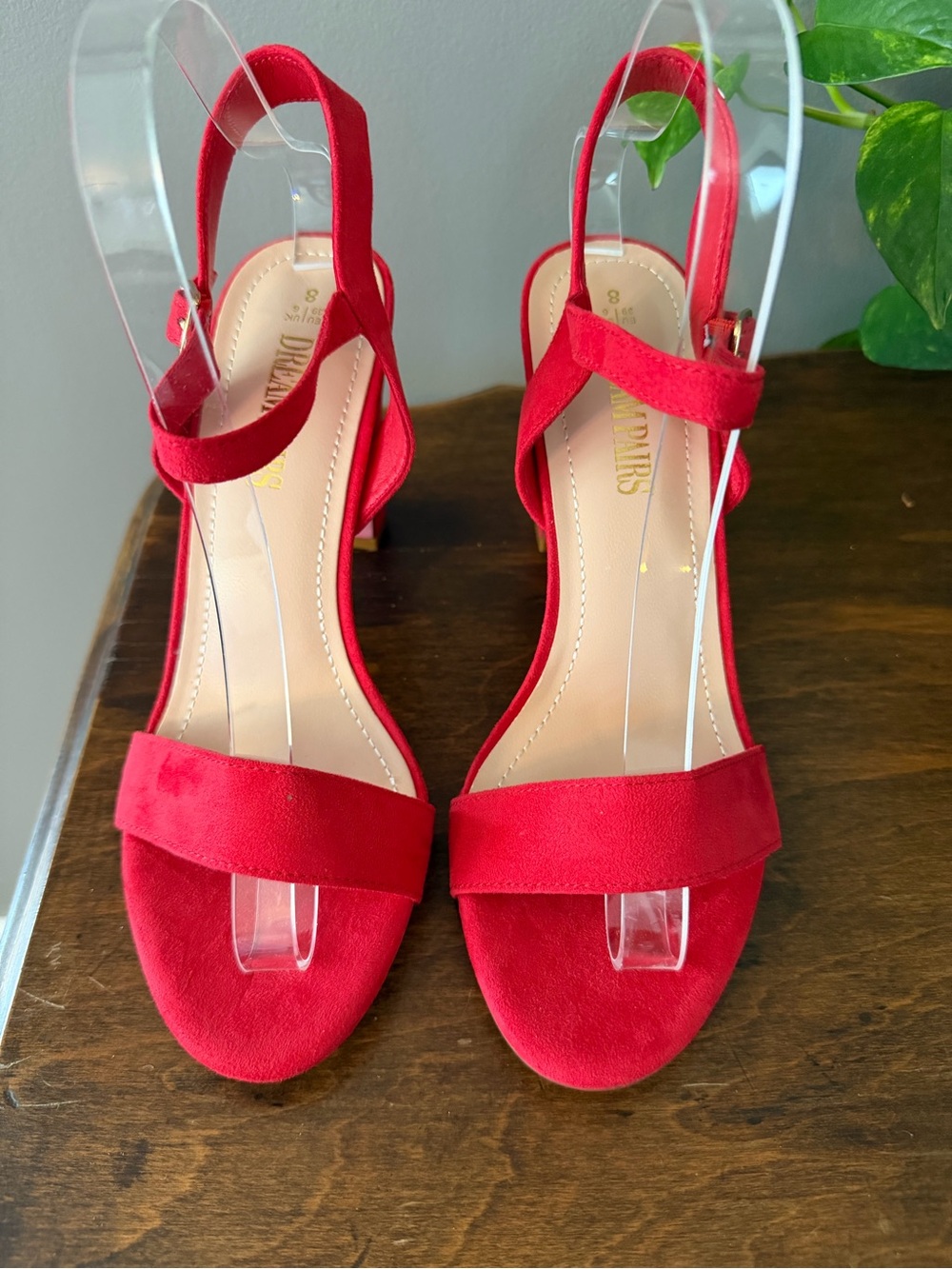 Dreampairs Red Suede Block Heel Sandals with Ankle Strap - Size 8 - Picture 2 of 7